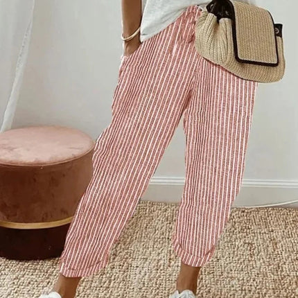Pantaloni casual con coulisse in vita elastica stampata a righe larghe alla moda da donna europea e americana transfrontaliera estiva platinumshop