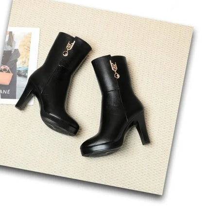 Women's Mid-calf Boots Temperament Pointed High Heeled Boots High Quality Casual Leather Boots for Women Plush Warm Winter Boot