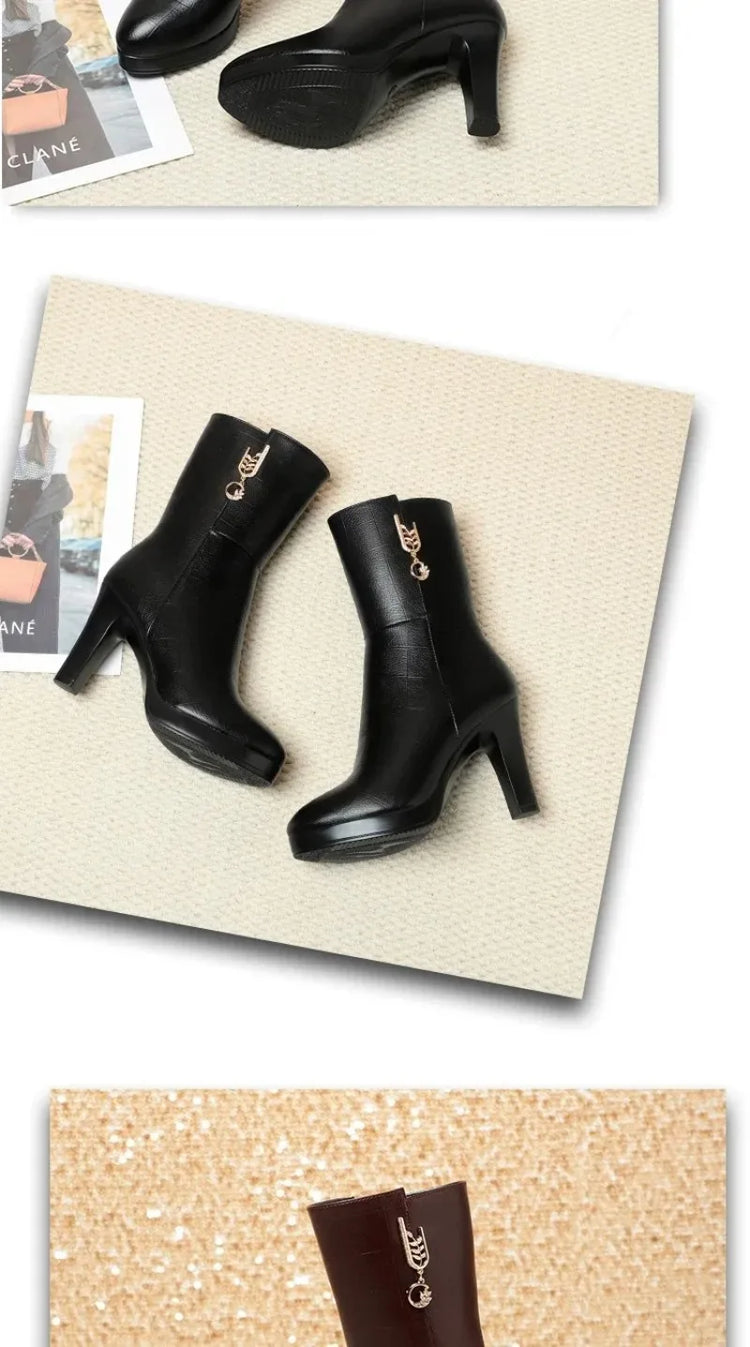 Women's Mid-calf Boots Temperament Pointed High Heeled Boots High Quality Casual Leather Boots for Women Plush Warm Winter Boot