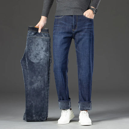 Men's Loose Straight Pants 2026 New Winter Fashion Warmt Plush Thick Jeans Cotton Straight Fleece Male Brand Denim Trousers