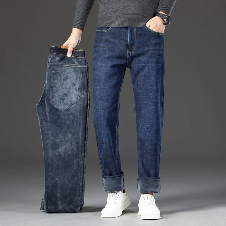Men's Loose Straight Pants 2026 New Winter Fashion Warmt Plush Thick Jeans Cotton Straight Fleece Male Brand Denim Trousers