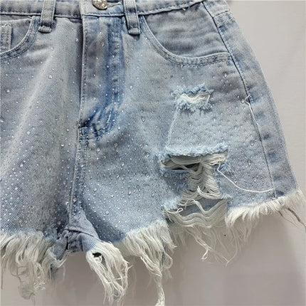 Women's Rhinestone Denim Shorts, High Waist, Stretchy, Vintage Wash, Distressed Effect, Summer 2026 Streetwear Style