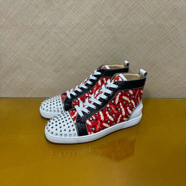 Men's Luxury Spiked High Top Sneakers Red Snake Leather Casual Shoes Red Bottom Lace Up Streetwear Business Plus Size