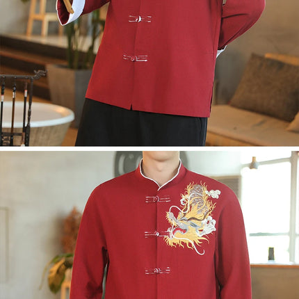 Camicie da Uomo a Maniche Lunghe in Stile Cinese, Ricamate, per Kung Fu e Tai Chi, Cardigan Retrò in Lino, Abito Tradizionale Tang, Top Tradizionale da Uomo