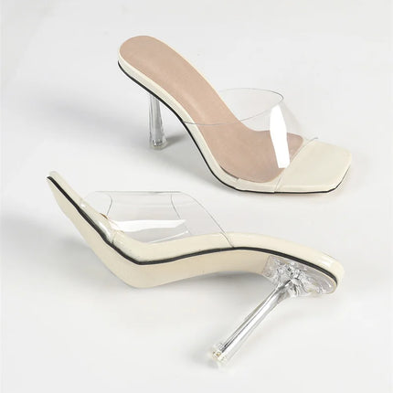 Hlieny Sexy Women's Clear Crystal Slippers PVC Silver 2026 Square Toe Thin High Heel Summer Sandals Women's Shoes