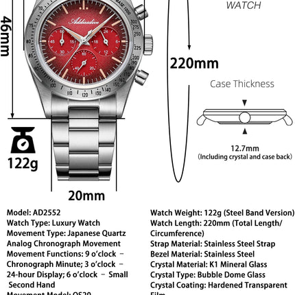 ADDIESDIVE Watch New 37mm Chronograph Men Quartz Wristwatch Domed Glass 316L Stainless Steel 100m Waterproof C3 Luminous AD2552