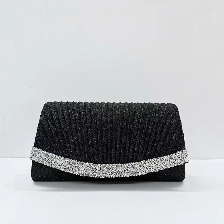 Borsa Clutch Plissettata con Strass, Pochette da Sera Scintillante con Cristalli, Elegante Borsetta da Donna per Cerimonie, Matrimoni e Feste Formali