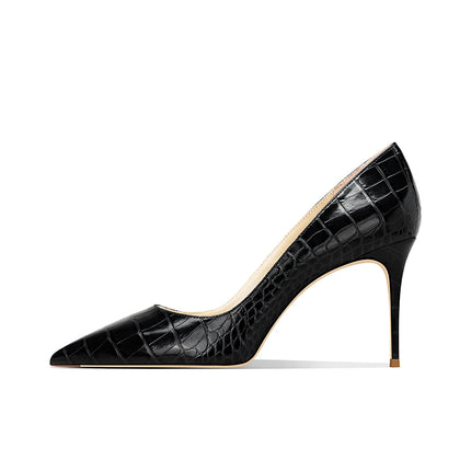 2025 New Blue Crocodile Leather High Heels Women Pointed Toe Stiletto Elegant Office Shoes