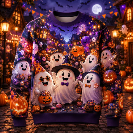 Fashion Castle Ghost Cat Pumpkin Graphic Halloween Sweatshirts Trendy Holiday Wear Long Sleeve Sweater Loose Breathable Pullover