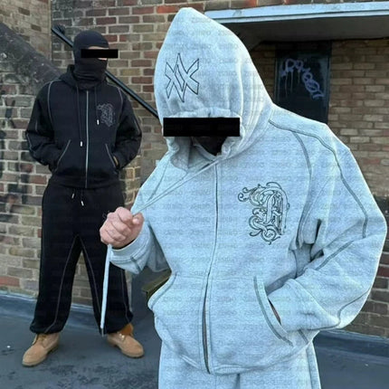 American Y2K Casual Zipper Hoodie Sweatpant Two Piece Set HipHop Oversized Embroidery Sweatshirts Men Women Casual Pants PlatiNum