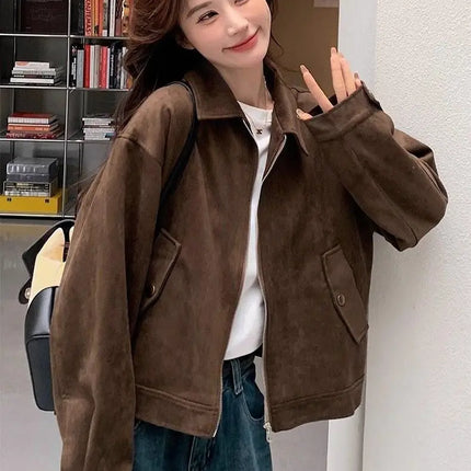 Retro Style Women's Short Suede Jacket Coffee Color Korean Style Autumn Coat Zipper Pocket Polyester Fiber Windproof