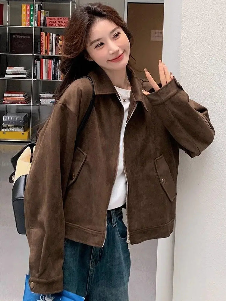 Retro Style Women's Short Suede Jacket Coffee Color Korean Style Autumn Coat Zipper Pocket Polyester Fiber Windproof