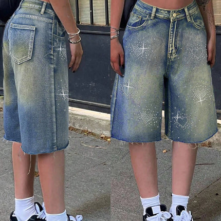 Shorts Female Jeans Women Jeans Denim Shorts Y2K Retro Slant Pocket Flared Hem Casual Wide Leg Summer PlatiNum