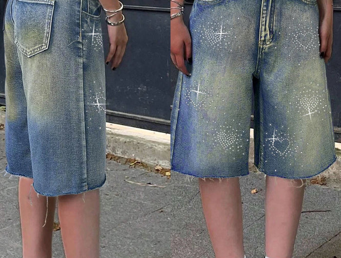 Shorts Female Jeans Women Jeans Denim Shorts Y2K Retro Slant Pocket Flared Hem Casual Wide Leg Summer PlatiNum
