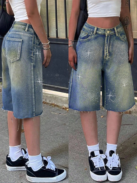 Shorts Female Jeans Women Jeans Denim Shorts Y2K Retro Slant Pocket Flared Hem Casual Wide Leg Summer PlatiNum