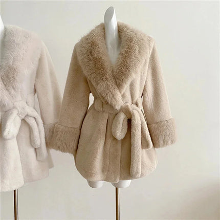Winter Luxury Women Faux Furs Jackets Coats With Belt Elegant Waist Hugging Slimming Fur Big Collar Thickened Warm Outerwear