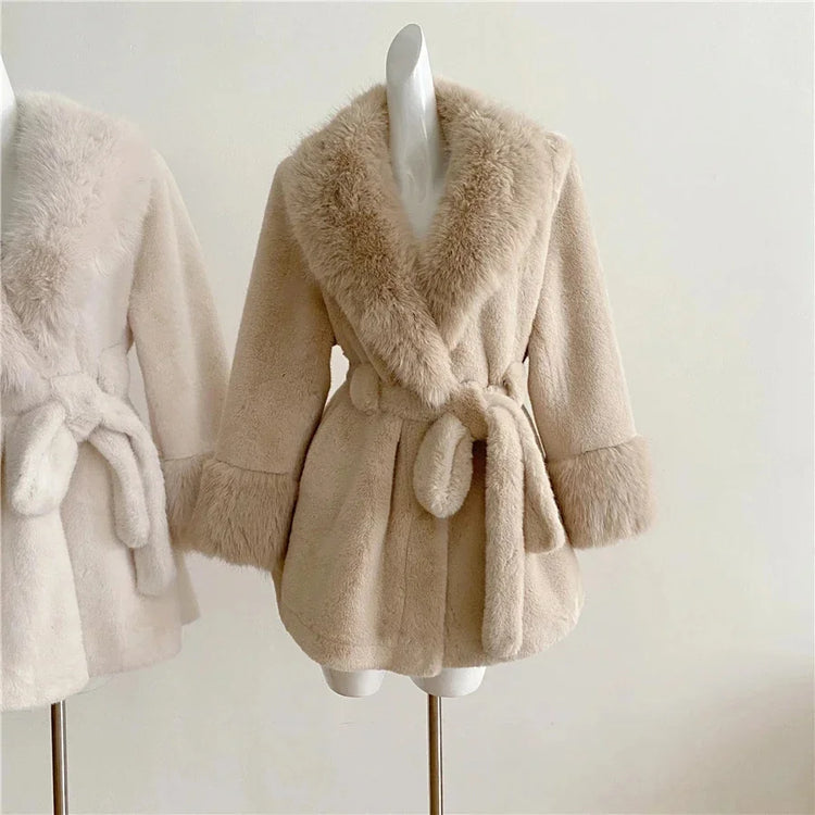 Winter Luxury Women Faux Furs Jackets Coats With Belt Elegant Waist Hugging Slimming Fur Big Collar Thickened Warm Outerwear