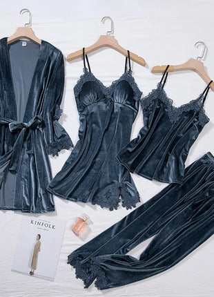TOP Casual Velluto Abbigliamento per la casa 4 pezzi Set da notte Intimo Lingerie Pigiama da donna Completo a maniche lunghe in pizzo Velluto Homewear Pigiama set