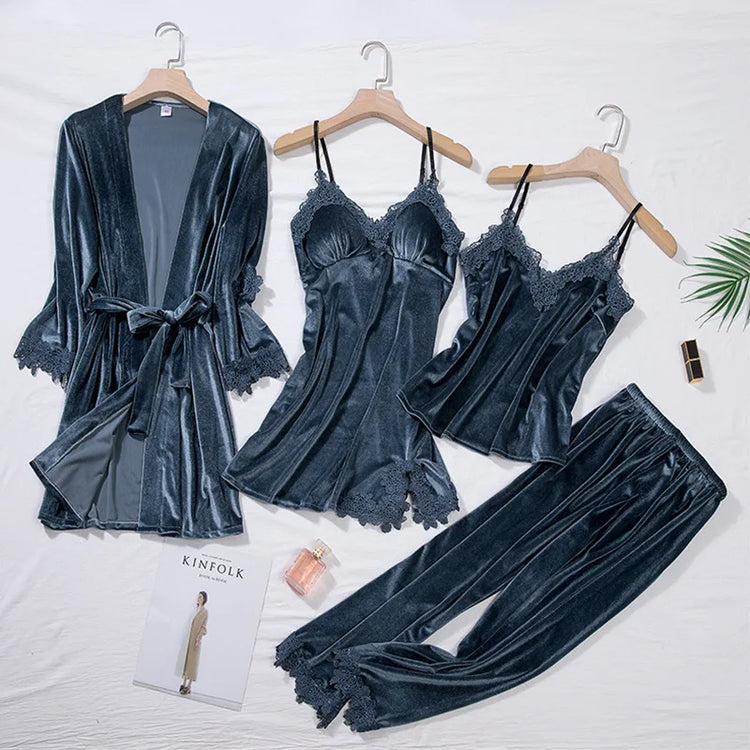 TOP Casual Velluto Abbigliamento per la casa 4 pezzi Set da notte Intimo Lingerie Pigiama da donna Completo a maniche lunghe in pizzo Velluto Homewear Pigiama set