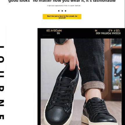 Men Low Top Leather Casual Shoes Lace-up Fashion Sneakers Black Embossed Plaid Upper Non Slip Flat Daily Wear Board Footwear