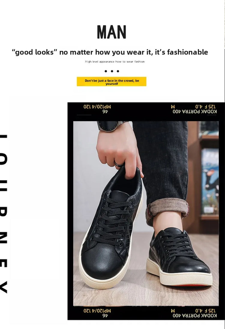 Men Low Top Leather Casual Shoes Lace-up Fashion Sneakers Black Embossed Plaid Upper Non Slip Flat Daily Wear Board Footwear