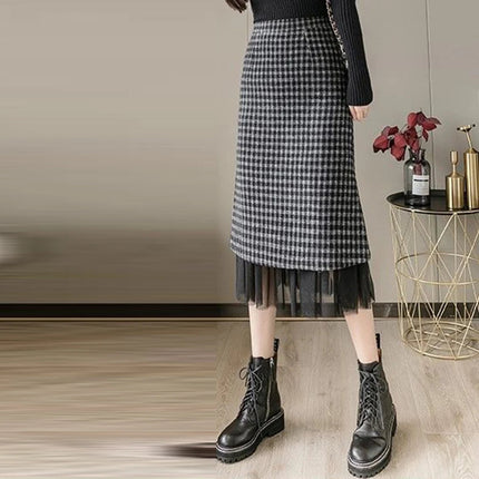 Woolen plaid skirt autumn and winter 2025 new plaid foreign style small man a word hip wrap medium and long skirt PlatiNum