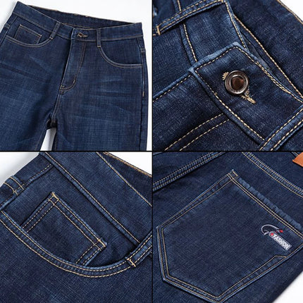 2026 Winter Thermal Stretch Jeans Men New Loose Straight Leg Casual Trousers Male Daily Commute Windproof Denim Pants