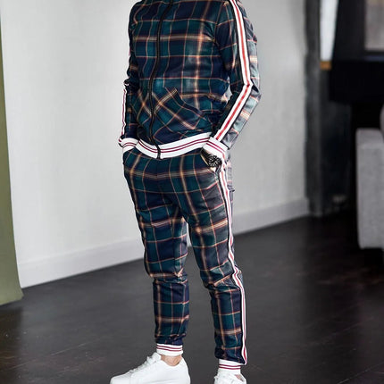 2025 Men Tracksuit 2pc Set Gym Hiking Plaid Zipper Hoodie Cargo Pants Autumn Athleisure Outfit Fleece Jogger Sportswear PlatiNum