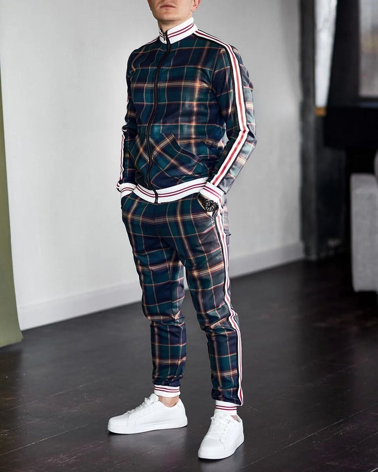 2025 Men Tracksuit 2pc Set Gym Hiking Plaid Zipper Hoodie Cargo Pants Autumn Athleisure Outfit Fleece Jogger Sportswear PlatiNum