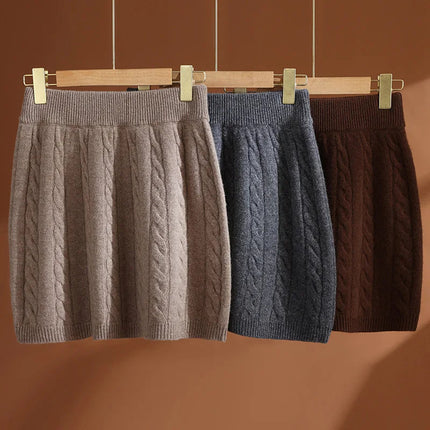 Women's Wool Mini Skirt A-line Twist Flower Elastic Waist Skirt Above Knee Umbrella Dress 100% Merino Wool Knitted Autumn Winter PlatiNum
