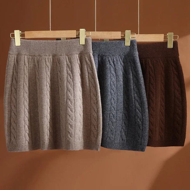 Women's Wool Mini Skirt A-line Twist Flower Elastic Waist Skirt Above Knee Umbrella Dress 100% Merino Wool Knitted Autumn Winter PlatiNum
