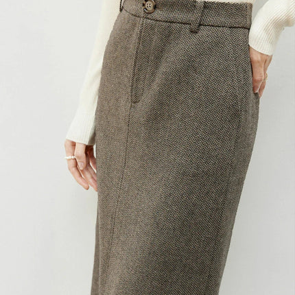 SENTUBILA Straight Wool Skirt Women 2025 Winter Vintage Elegant Tweed High-waist Slit-hem Temperament Long Skirts 144Q56942 PlatiNum
