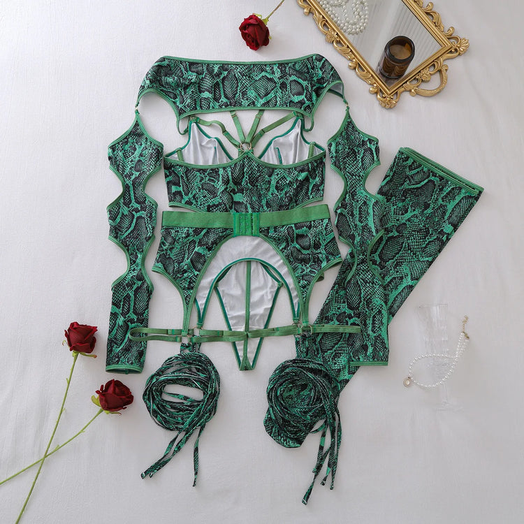 Tornova Erotic Lingerie Personalized Snake Pattern Hollow Strap Design Bodyshaping Sexy Delicate Hot Lingerie Set with Stockings
