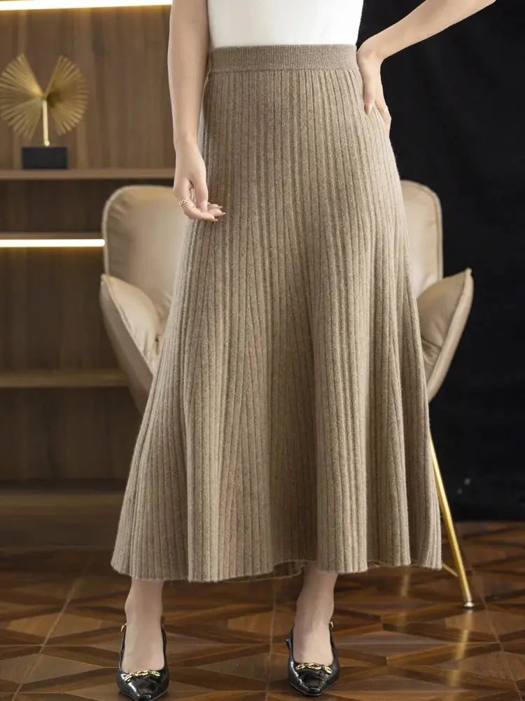 Elegant Women's Pleated Skirt 100% Merino Wool Skirt A-Line Long Skirt Soft Warm Autumn Winter Dress Slim Elastic Waist Office PlatiNum