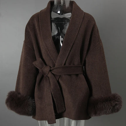 UCXQ Elegant Woolen Coat Temperament Office Lady Overcoats Fur Patchwork Long Sleeve Beautiful Women's Coats 2025 Winter New