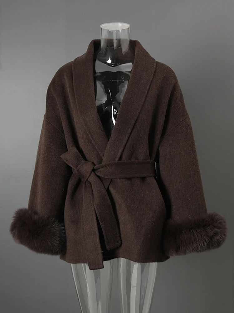 UCXQ Elegant Woolen Coat Temperament Office Lady Overcoats Fur Patchwork Long Sleeve Beautiful Women's Coats 2025 Winter New