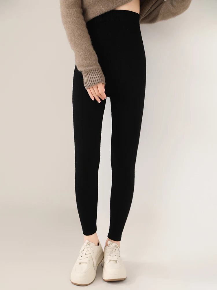 Women's Wool Leggings Slim Warm Autumn Winter High Waisted Elastic Tight Pants 100% Merino Wool Knitted Skin-friendly Leggings PlatiNum