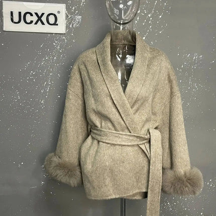 UCXQ Elegant OL Office Lady Overcoats Fur Patchwork Long Sleeve Woolen Coat Beautiful Women's Clothing Jacket Autumn 2025 Winter