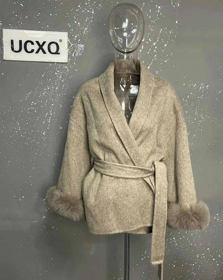 UCXQ Elegant OL Office Lady Overcoats Fur Patchwork Long Sleeve Woolen Coat Beautiful Women's Clothing Jacket Autumn 2025 Winter