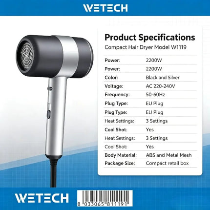 WETECH W1119 2200W Negative Ionic Hair Dryer 220-240V EU Plug Professional Compact Hair Blow Dryer With Concentrator Nozzle Cool Shot Function For Home Travel