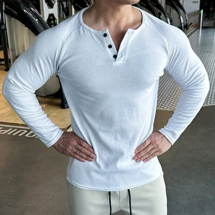 Men Sports High-Elastic Fitness Long Sleeve T-Shirt 2025 Autumn New Slim Fit Henley Collar Tshirt Men Streetwear Casual T-Shirt PlatiNum