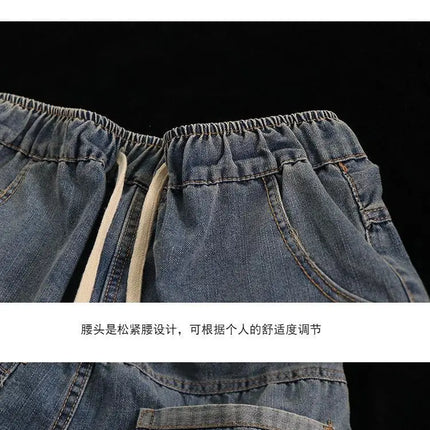 Primavera nuova corea moda Patch disegni cartone animato ricamo Jeans larghi da donna vita elastica pantaloni Casual in Denim di cotone Harem V987