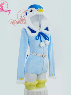 MOBBUNNY PM Derivative Kawaii Fluffy Bodycon Romper Plush Bodysuit Long Sleeve Hooded Jumpsuit with Cape Belt Cosplay Costume