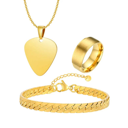 Set di 3 Pezzi: Collana con Ciondolo a Forma di Plettro per Uomo, Bracciale con Catena Cubana Piatta Stile Rock Punk, Set di Gioielli Classici da Uomo, Idea Regalo platinumshop