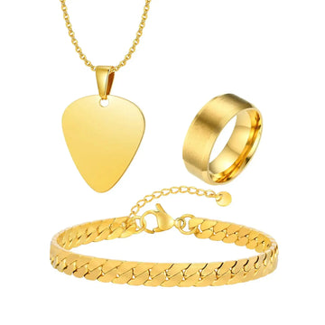 Set di 3 Pezzi: Collana con Ciondolo a Forma di Plettro per Uomo, Bracciale con Catena Cubana Piatta Stile Rock Punk, Set di Gioielli Classici da Uomo, Idea Regalo platinumshop