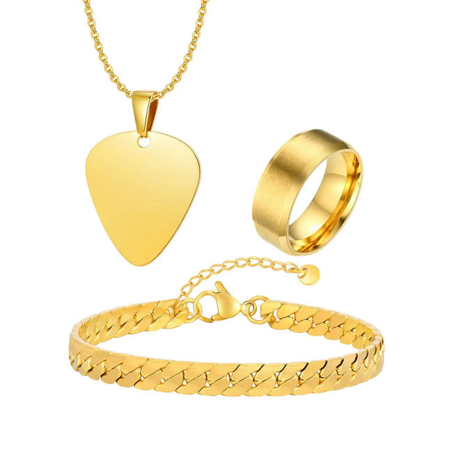 Set di 3 Pezzi: Collana con Ciondolo a Forma di Plettro per Uomo, Bracciale con Catena Cubana Piatta Stile Rock Punk, Set di Gioielli Classici da Uomo, Idea Regalo platinumshop