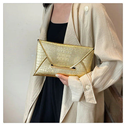 Fashion Crocodile Pattern Envelope Clutch Women's Handbags For Gifts, Designer Casual Ladies Purses Phone Pocket PlatiNum