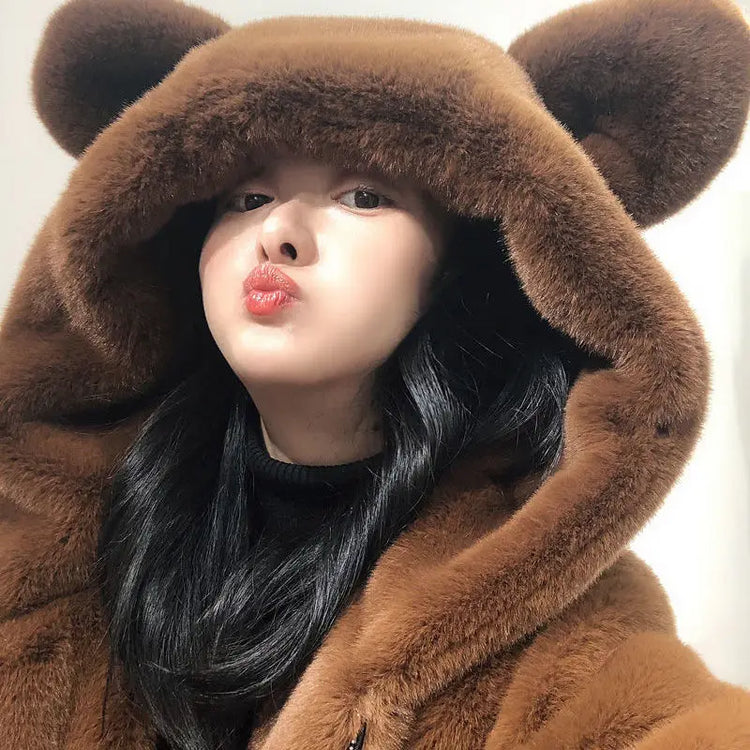 Cosy Loose Faux Fur Coat Womens Faux Fur Fuzzy Hooded Fluffy Ears Surcoat Overcoat Woman Winter Warm Outerwear Snowy Day Wrap
