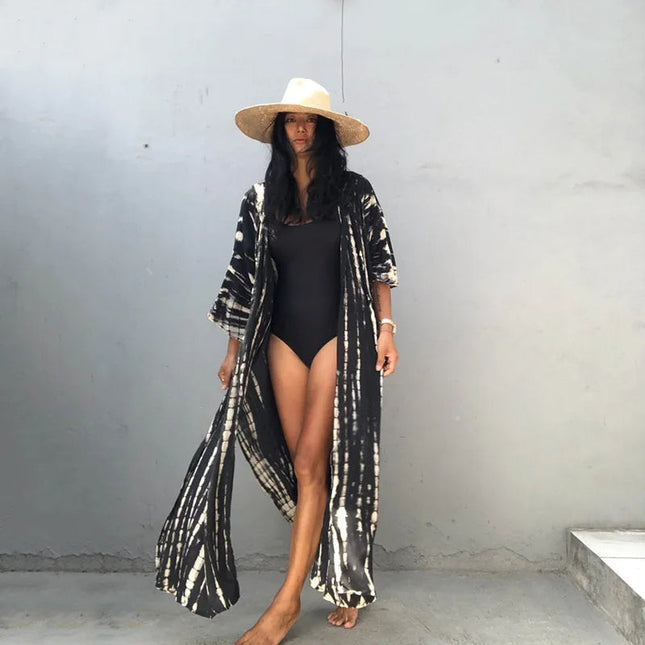 Costume da bagno donna copricostume lungo Kimono da spiaggia orlo curvo allentato aperto davanti Tie Dye abbigliamento da spiaggia platinumshop