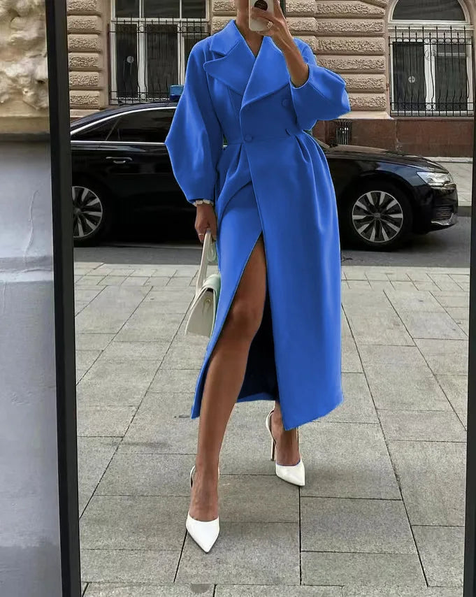European American Retro Court Style Wool Coat, Long Length with Big Lapel & Lantern Sleeves, New Autumn Winter Outerwear